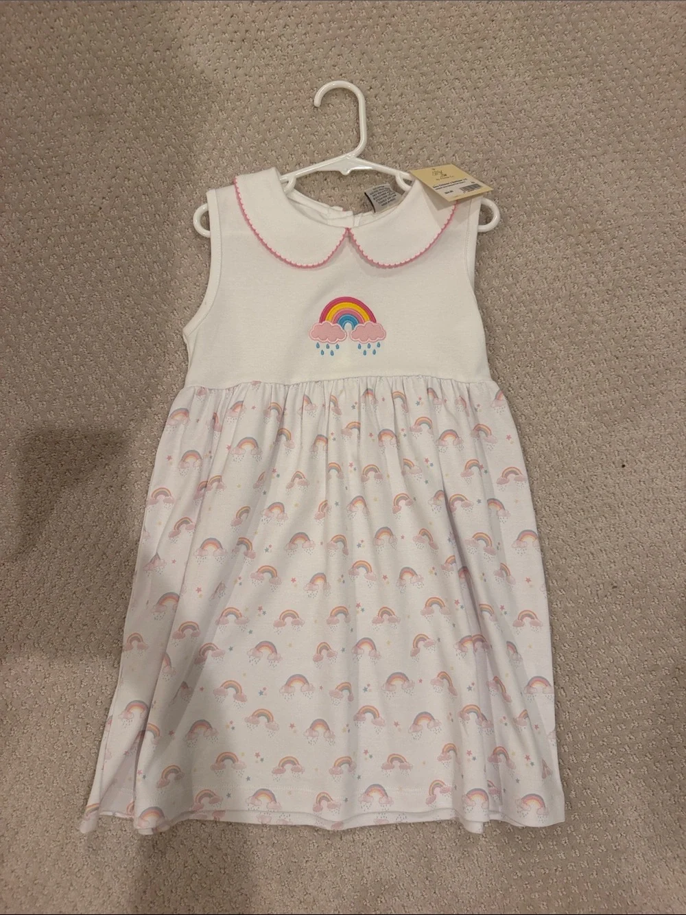 Sleeveless White Rainbow Print Dress with Peter Pan Collar